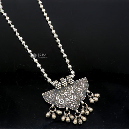 India traditional cultural style handmade 925 sterling silver chitai work pendant with silver beaded necklace best for all outfit set693 - TRIBAL ORNAMENTS