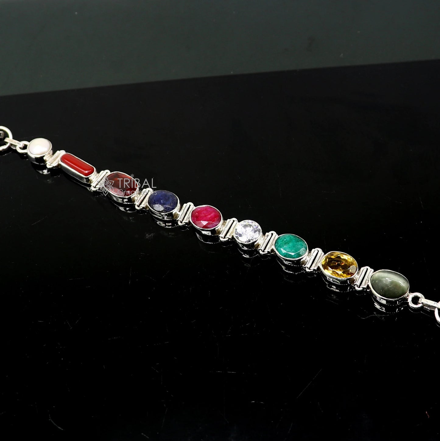 925 sterling silver handmade Navratan stone unisex nine stone bracelet sbr742