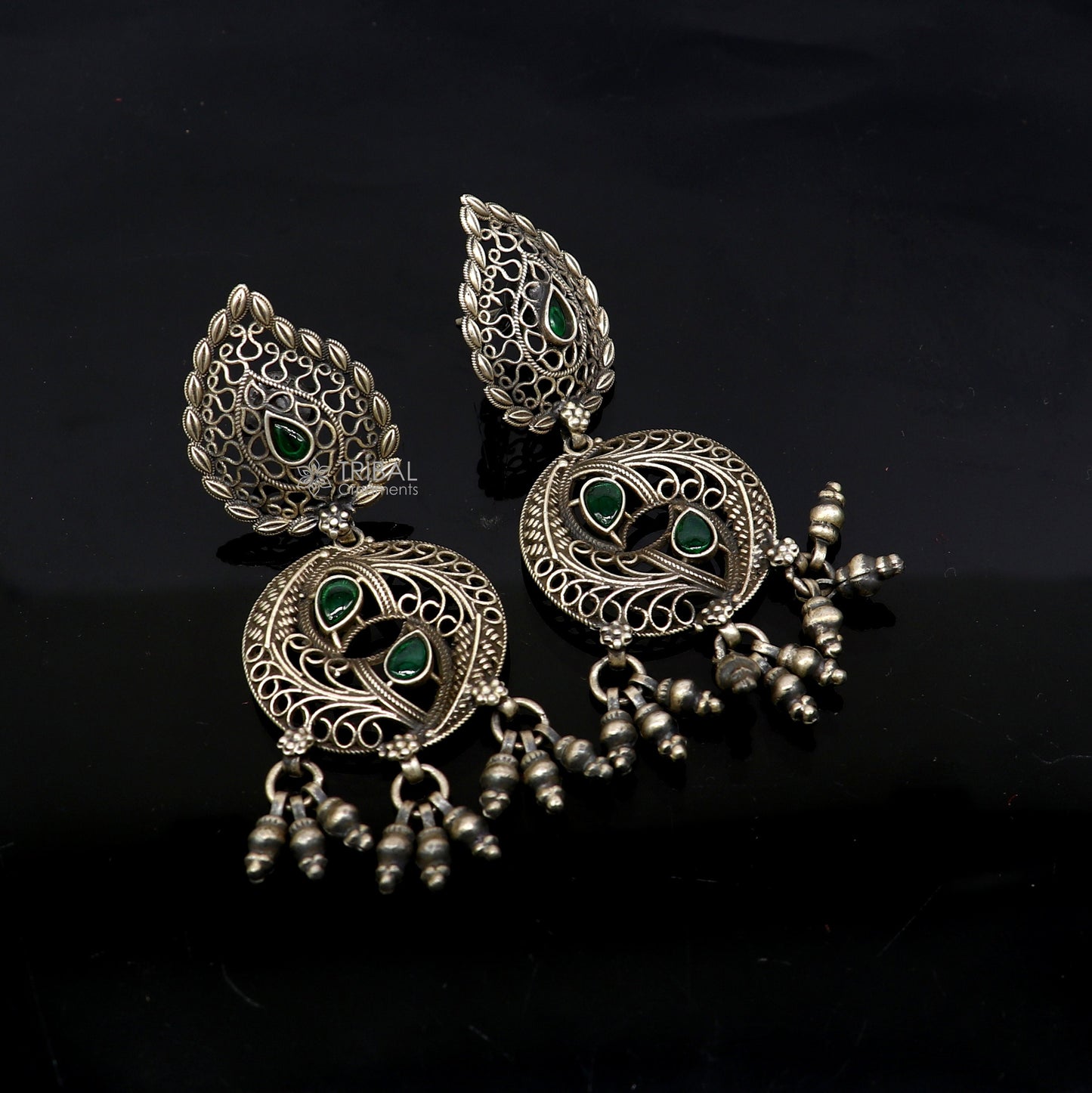 925 sterling silver fabulous unique filigree work design gree stone stud earrings with hanging drops ethnic brides jewellery India s1315