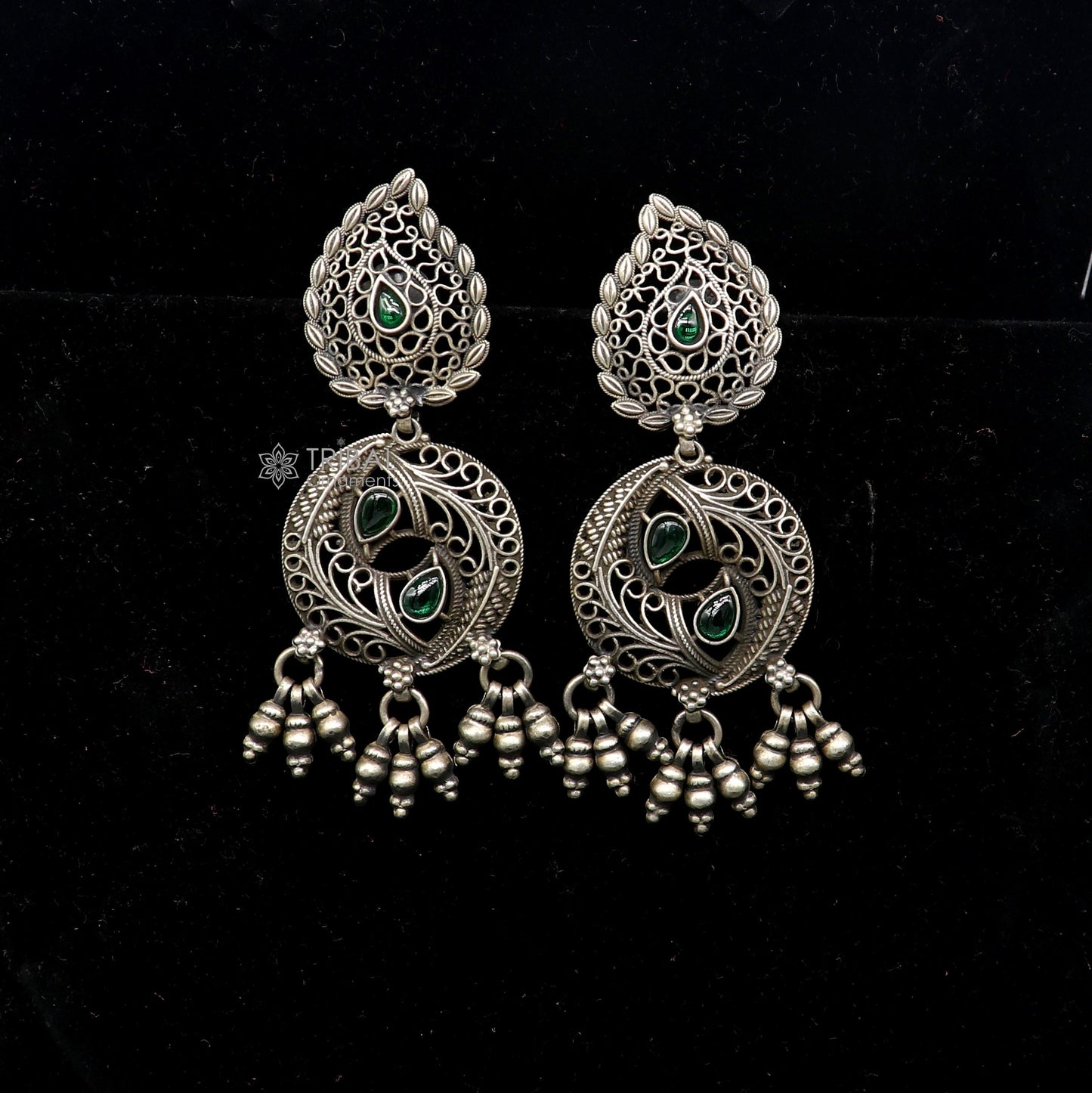 925 sterling silver fabulous unique filigree work design gree stone stud earrings with hanging drops ethnic brides jewellery India s1315