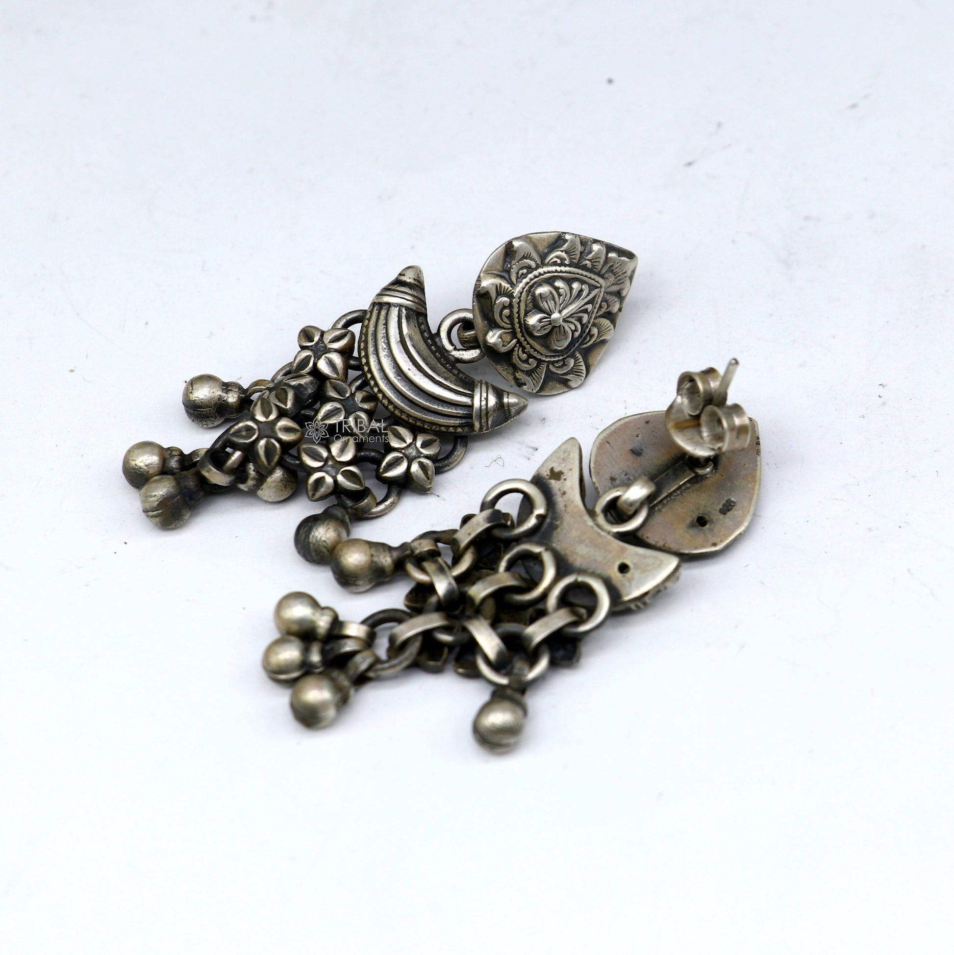 925 sterling silver unique work floral design stud earrings with hanging drops ethnic brides jewellery India s1316 - TRIBAL ORNAMENTS