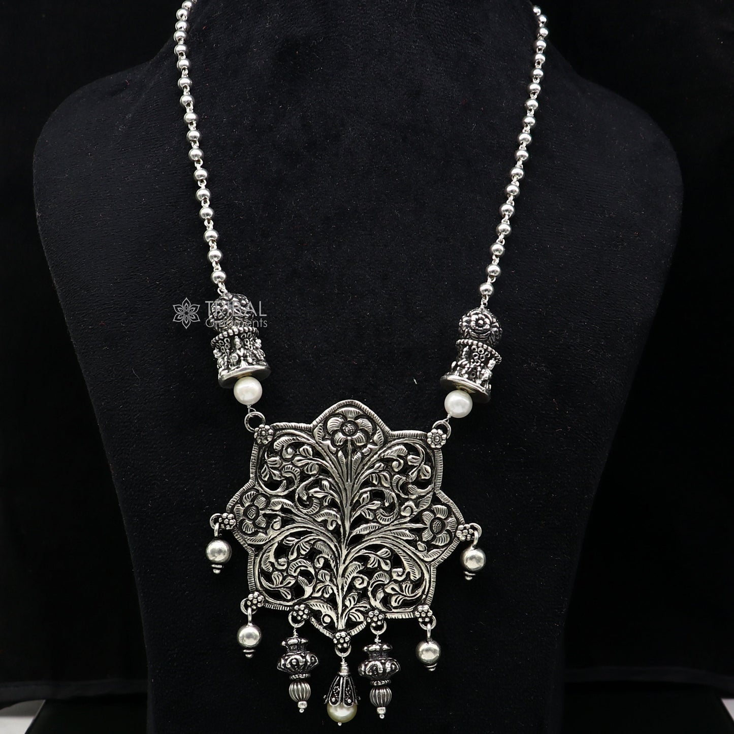 30" India cultural style handmade 925 sterling silver chitai work pendant with silver beaded necklace best for all outfit set698