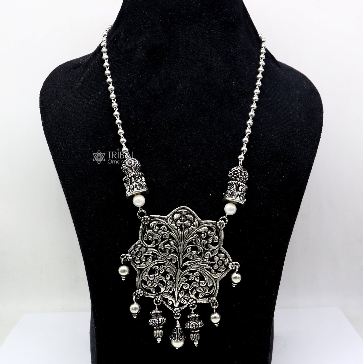 30" India cultural style handmade 925 sterling silver chitai work pendant with silver beaded necklace best for all outfit set698