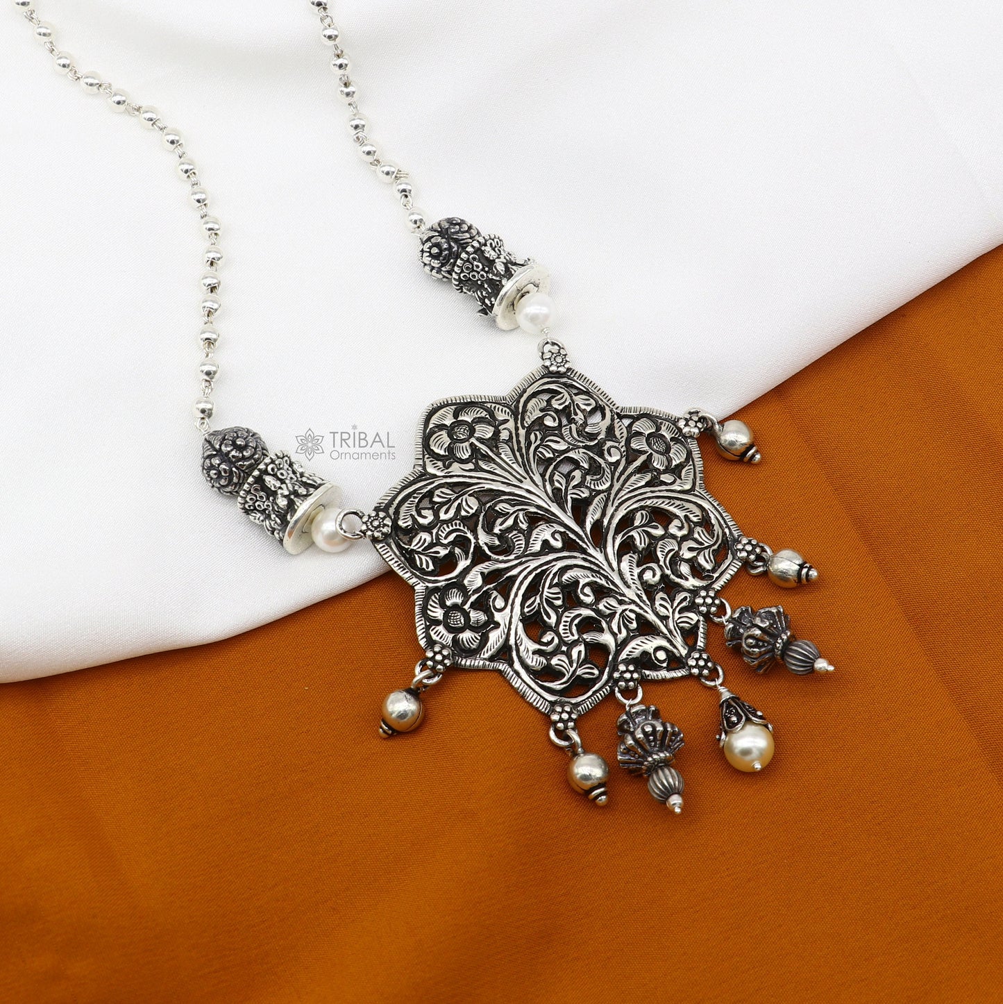 30" India cultural style handmade 925 sterling silver chitai work pendant with silver beaded necklace best for all outfit set698