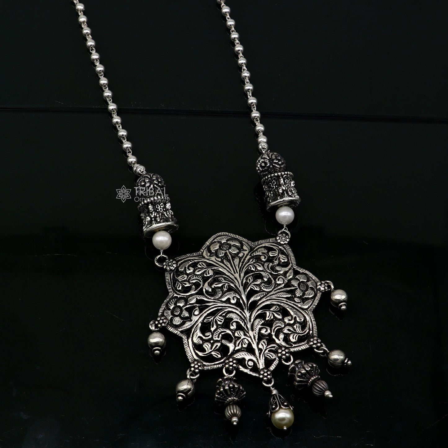 30" India cultural style handmade 925 sterling silver chitai work pendant with silver beaded necklace best for all outfit set698