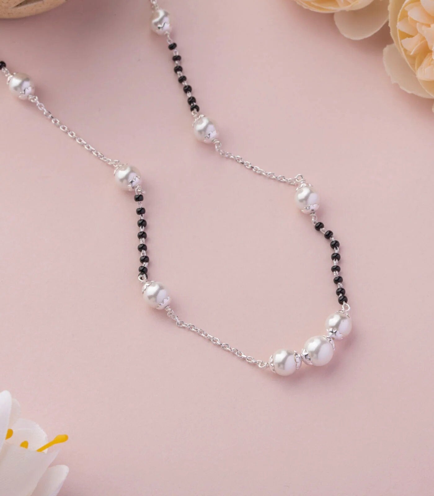 925 sterling silver pearl beaded and black beaded chain necklace and vintage antique ball style pendant Mangalsutra ms140 - TRIBAL ORNAMENTS