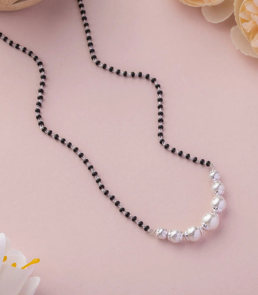 925 sterling silver pearl beaded and black beaded chain necklace and vintage antique ball style pendant Mangalsutra ms141 - TRIBAL ORNAMENTS
