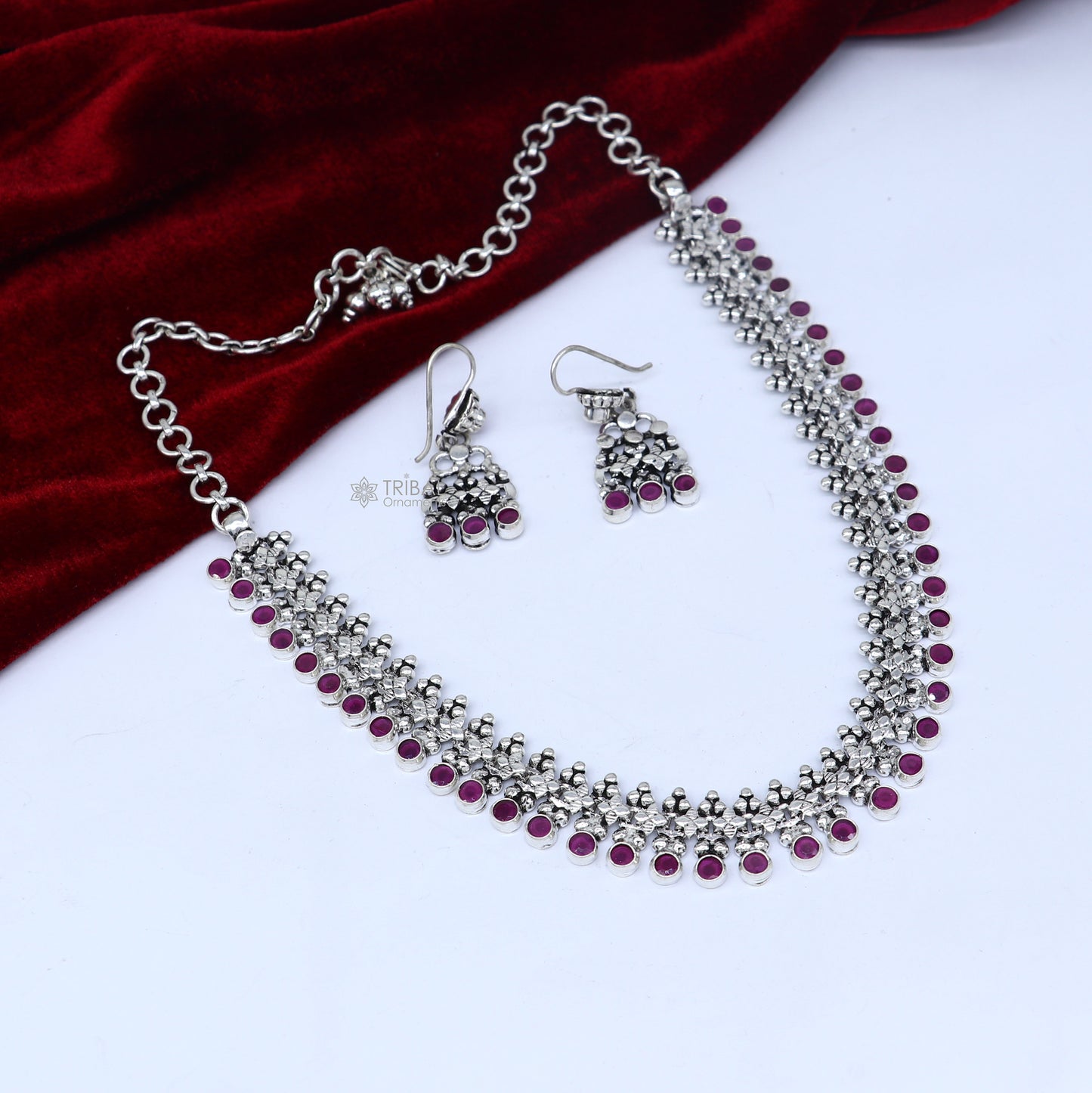 Amazing stylish red stone necklace 925 sterling silver customized gorgeous necklace set adjustable back links set704