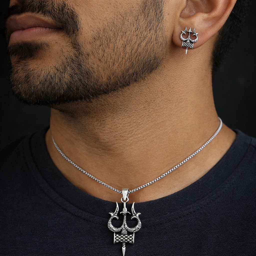 Intricate 925 silver Shiva Trident pendant and stud earrings set by Tribal Ornaments, perfect for daily wear or gifting.