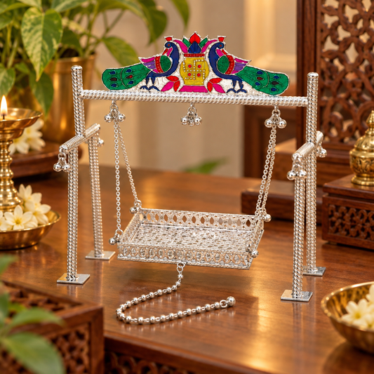 925 Sterling silver Bal Gopala Krishna swing with intricate Minakari work, traditional tribal art decorative piece.