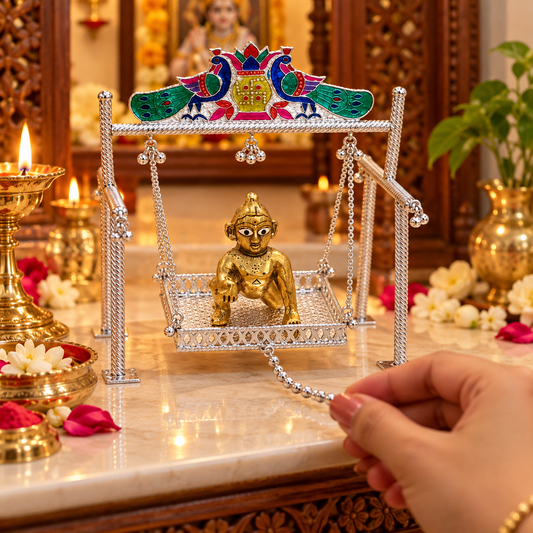 925 Sterling silver Bal Gopala Krishna swing with intricate Minakari work, detailed little Krishna jhula, traditional tribal ornament art