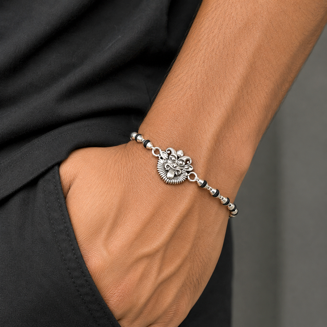 925 sterling silver Evil eye ( nazar battu )design black Tulsi beads bracelet rakhi rk401