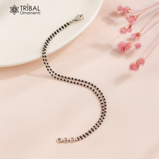 925 sterling silver black beaded and double chain bracelet Combo use bracelet or anklets, Mangalsutra bracelet mbr01