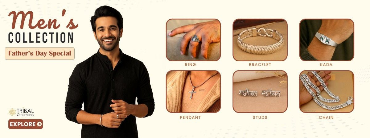 Tribal Ornaments men's collection showcasing silver rings, bracelets, kada, pendants, studs, and chains for Father's Day gifting and everyday style.