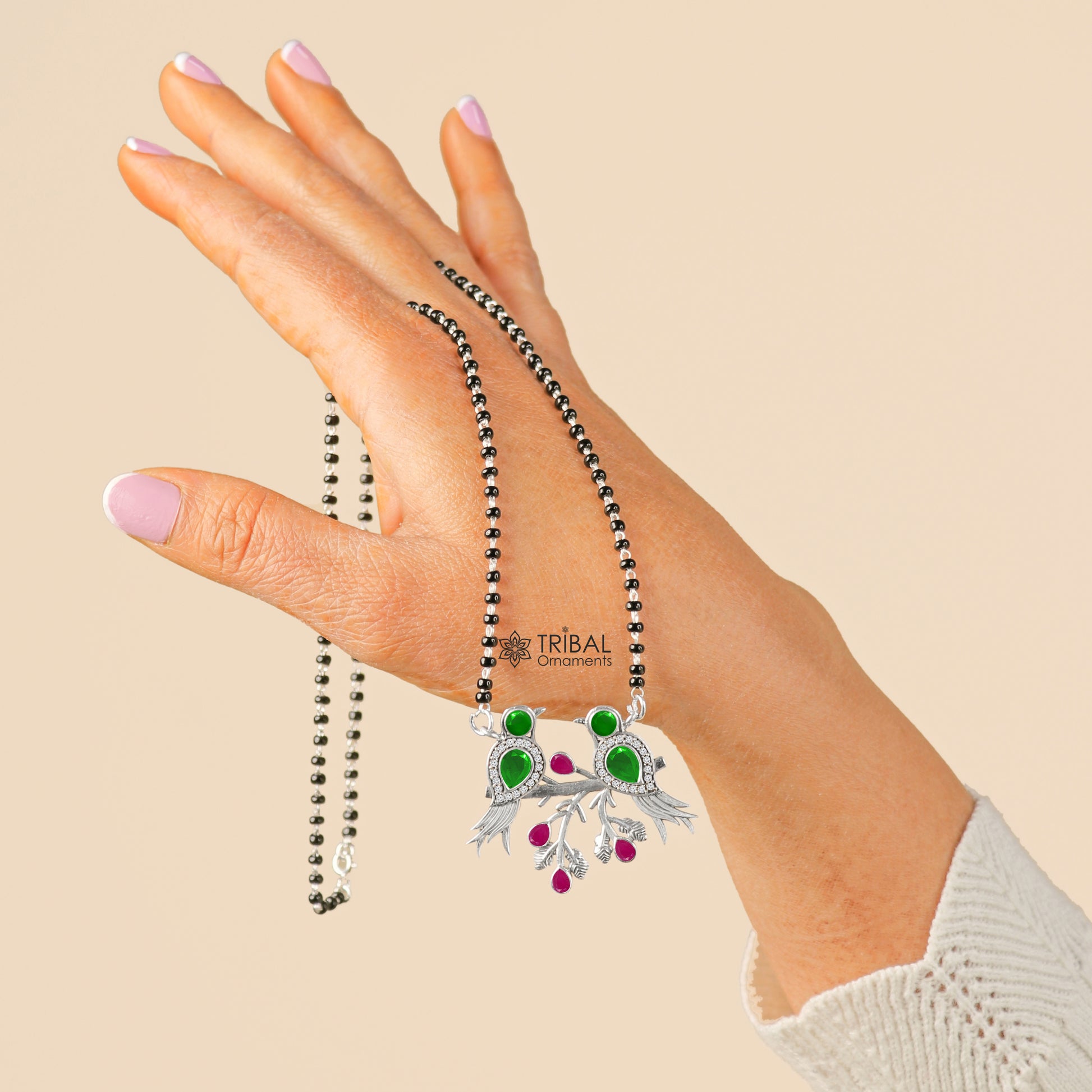 925 sterling silver black beads chain mangal sutra necklace  best brides Mangalsutra chunky necklace love bird green stone pendant ms62 - TRIBAL ORNAMENTS