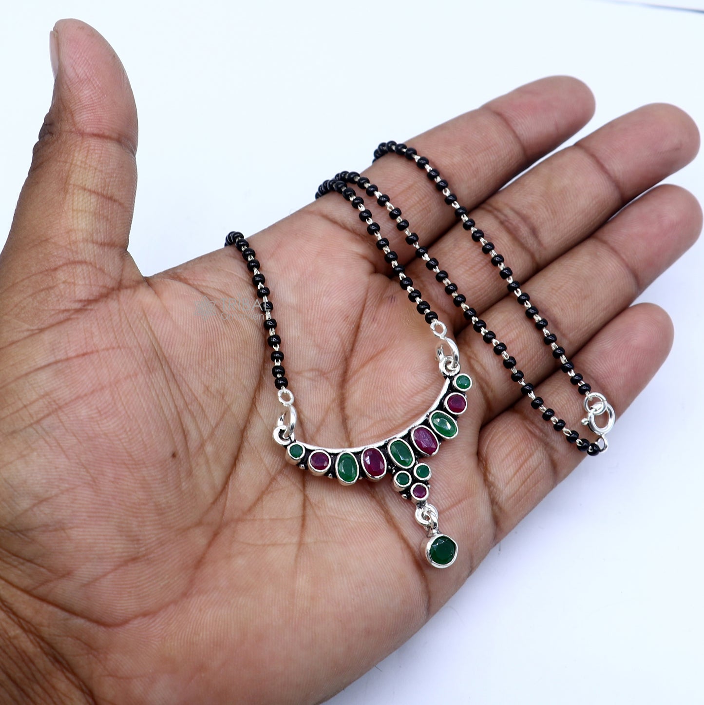 925 sterling silver red and green stone Mangalsutra pendant, best women's girl's gifting jewelry mS74