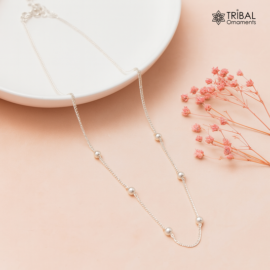 Pure 925 sterling silver pearl beads chain necklace, vintage antique style Mangalsutra necklace ms 101