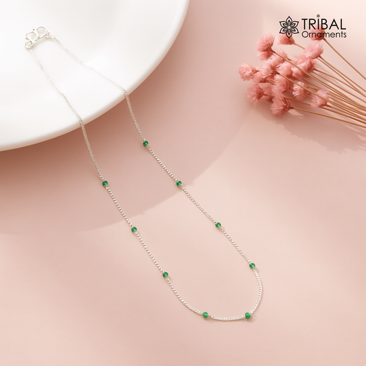 Pure 925 sterling silver green colour's beaded chain necklace, vintage antique style Mangalsutra necklace ms 103
