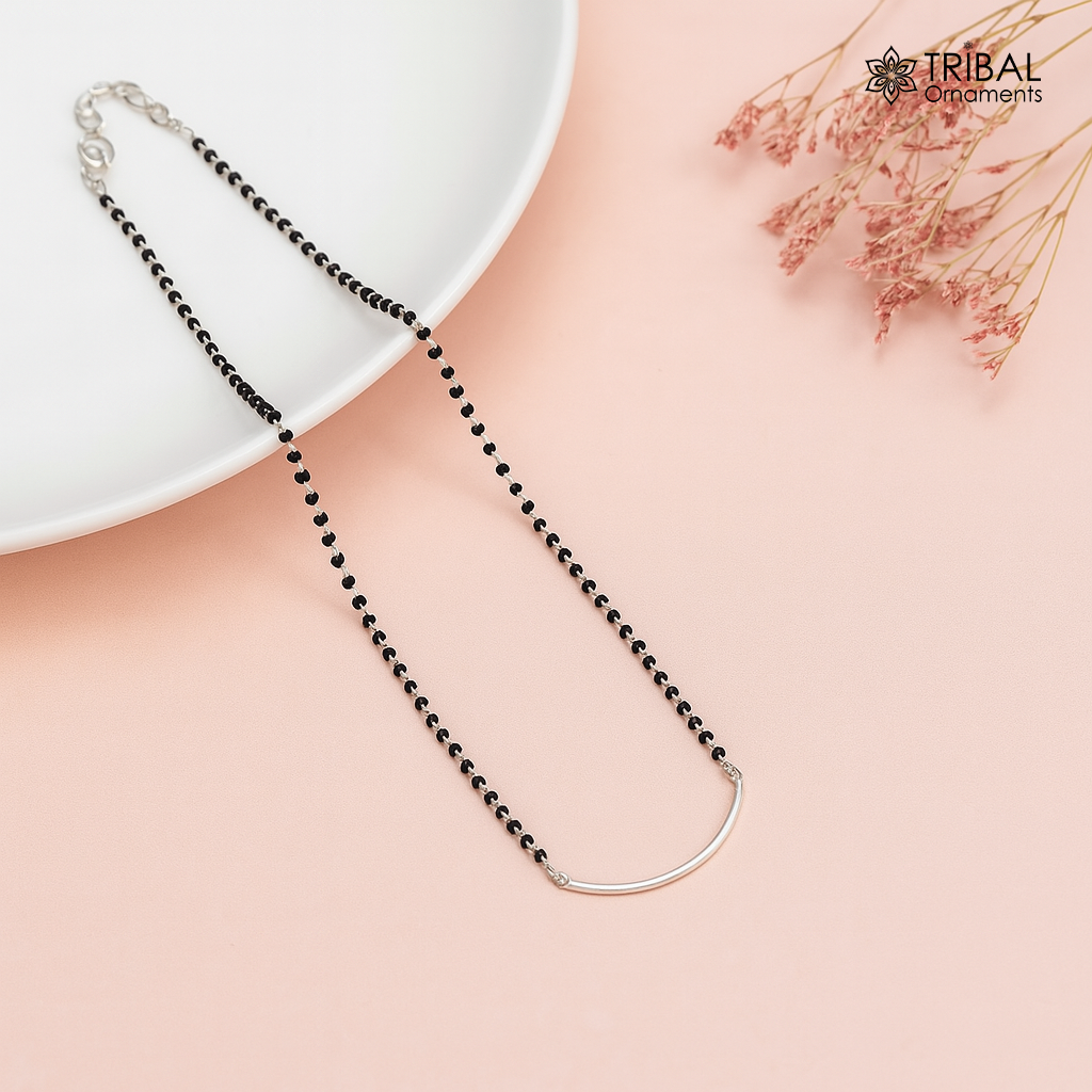 Pure 925 sterling silver black beaded chain necklace, vintage antique style Mangalsutra necklace ms 107