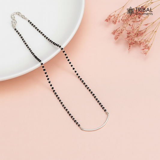 Pure 925 sterling silver black beaded chain necklace, vintage antique style Mangalsutra necklace ms 107
