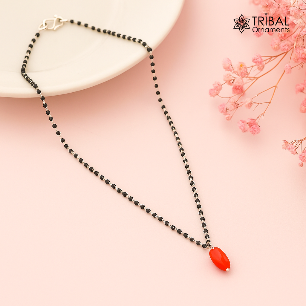 Pure 925 sterling silver red colour's beaded ball pendant and black beaded chain necklace, vintage antique style Mangalsutra necklace ms 109