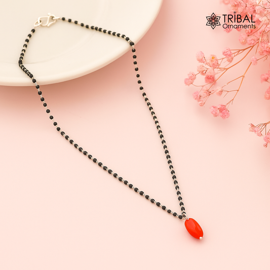 Pure 925 sterling silver red colour's beaded ball pendant and black beaded chain necklace, vintage antique style Mangalsutra necklace ms 109
