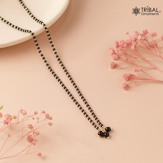 Pure 925 sterling silver beaded ball pendant and black beaded chain necklace, vintage antique style Mangalsutra ms111