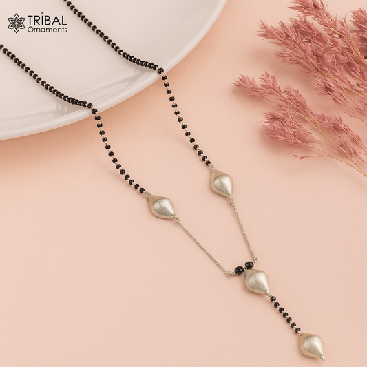 Pure 925 sterling silver black beaded chain and vintage antique ball style pendant Mangalsutra ms114