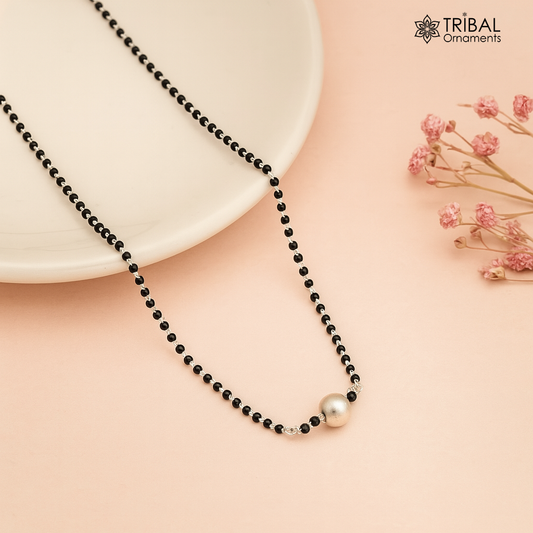 Pure 925 sterling silver black beaded chain necklace and vintage antique silver ball style pendant Mangalsutra ms116