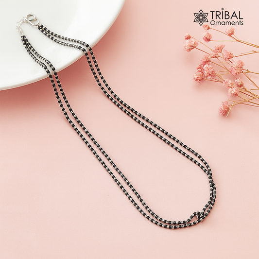 925 sterling silver 2.2mm black beads 2 line chain, vintage Cultural fancy necklace, traditional style brides Mangalsutra chain India ms143