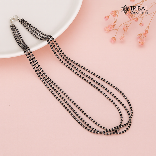 925 sterling silver 2.2mm black beads 3 line chain, vintage Cultural fancy necklace, traditional style brides Mangalsutra chain India ms144