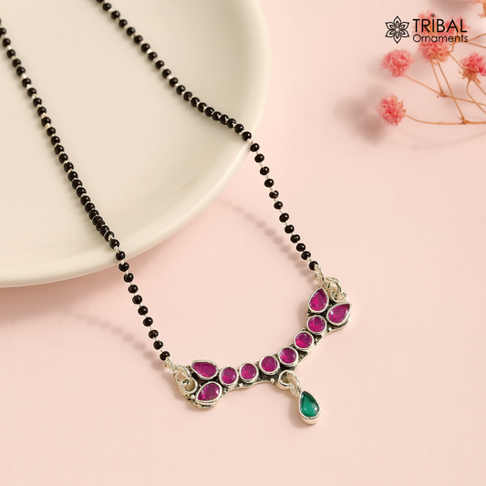 Trendy Red cut stone mangalsutra pendant 925 sterling silver black beads chain necklace, traditional style brides Mangalsutra necklace ms16