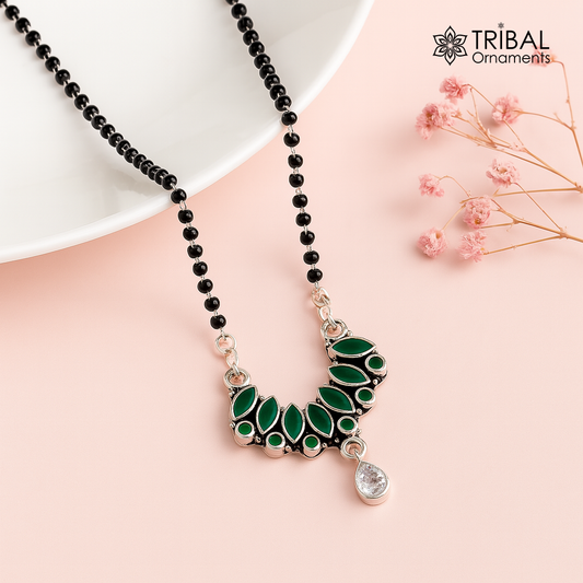 925 sterling silver black beads mangal sutra chain necklace for daily use brides Mangalsutra chunky necklace green cut stone pendant ms26