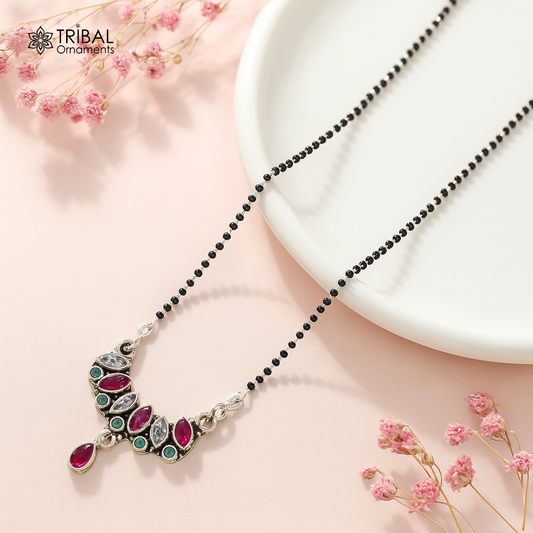925 sterling silver black beads chain mangal sutra necklace for daily use brides Mangalsutra chunky necklace cut stone pendant ms50