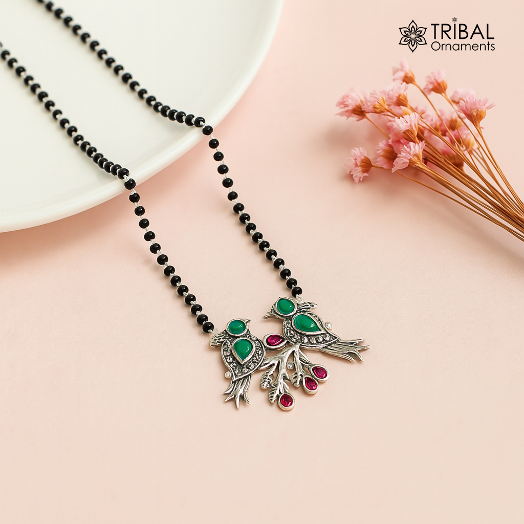 925 sterling silver black beads chain mangal sutra necklace  best brides Mangalsutra chunky necklace love bird green stone pendant ms62