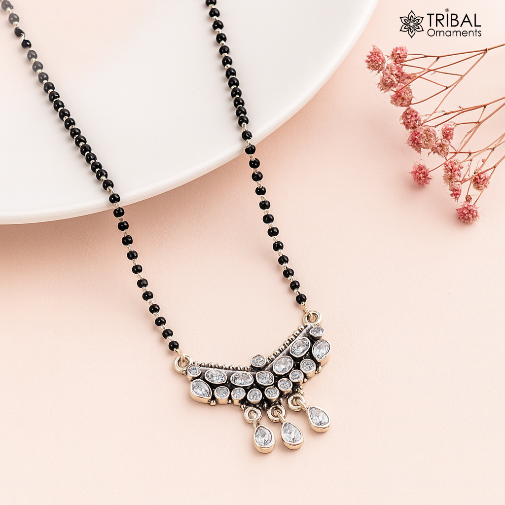 925 sterling silver black beads and white cut stone mangal sutra necklace brides Mangalsutra chunky necklace ms80