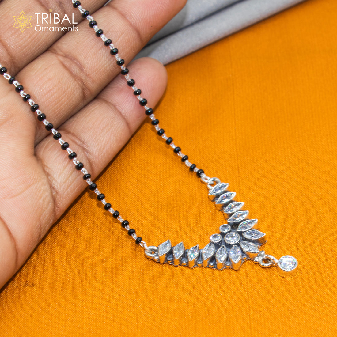 925 sterling silver black beads and white cut stone mangal sutra necklace brides Mangalsutra chunky necklace ms81 - TRIBAL ORNAMENTS