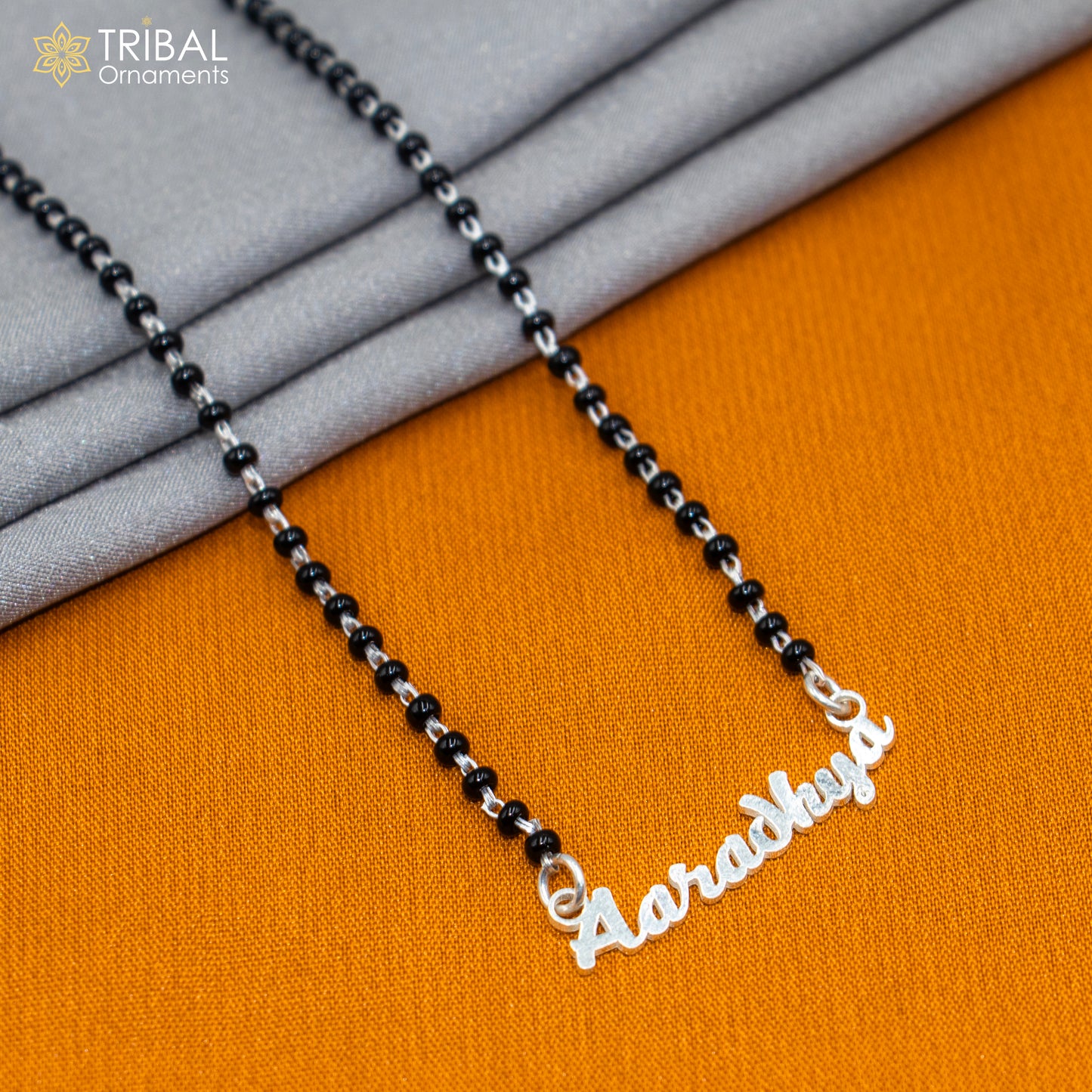 925 sterling silver black beads and aradhaya name design mangal sutra necklace brides Mangalsutra and personalized jewelry ms96 - TRIBAL ORNAMENTS