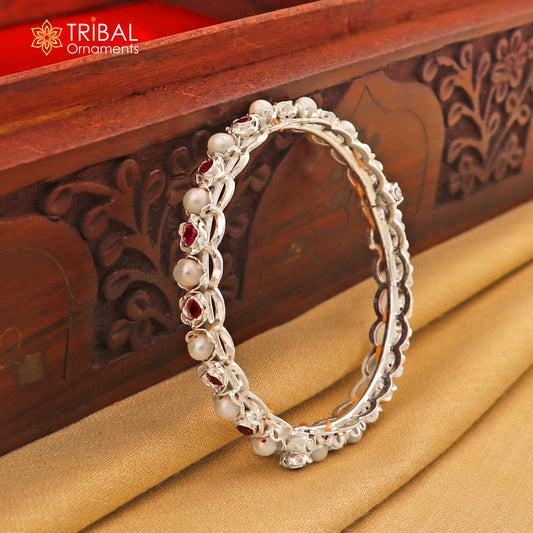 925 sterling silver gorgeous pearl beaded with red stone bangle kada customized tribal jewelry nba438