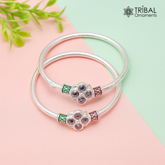 solid silver handmade customized design excellent stone new born baby bangle bracelet kada, fabulous unisex kids jewelry nbbk81