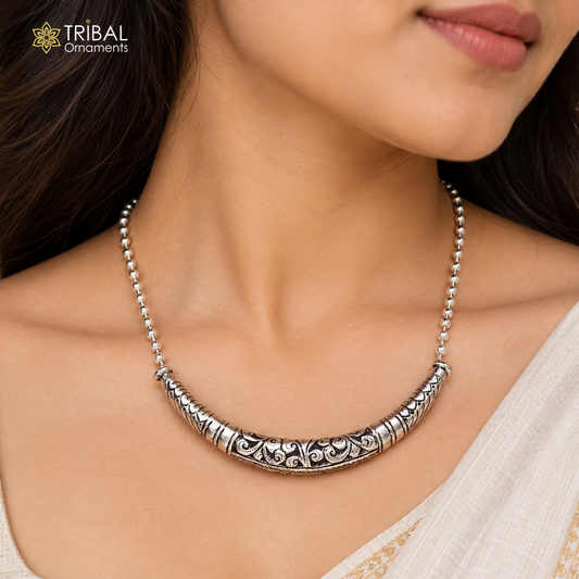 long Vintage traditional style 925 sterling silver beaded chain chitai necklace, choker tribal jewelry set919