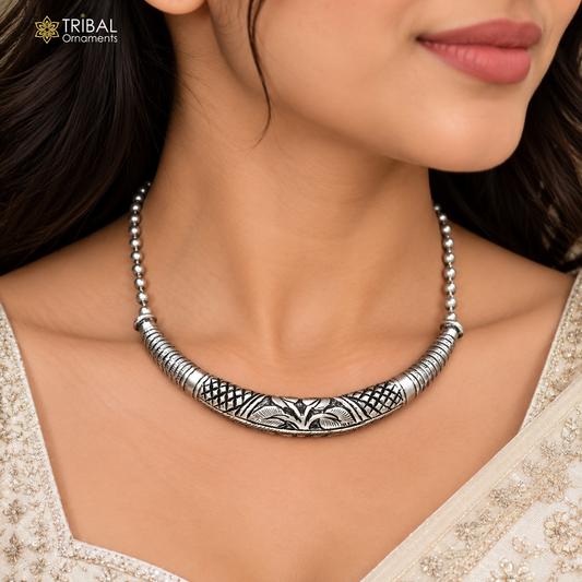 long Vintage traditional style 925 sterling silver beaded chain chitai necklace, choker tribal jewelry set918