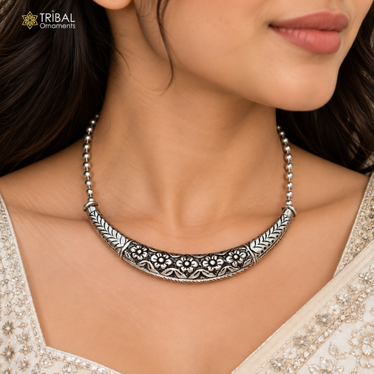 long Vintage traditional style 925 sterling silver beaded chain chitai necklace, choker tribal jewelry set917