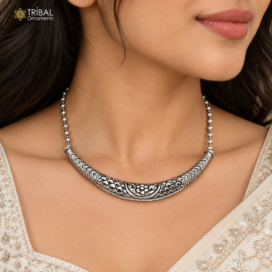 long Vintage traditional style 925 sterling silver beaded chain chitai necklace, choker tribal jewelry set916