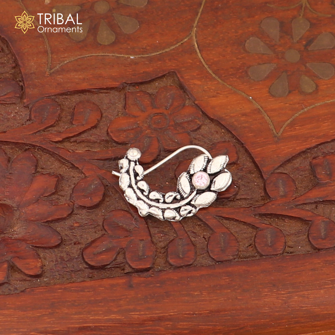 925 sterling silver vintage leaf shape design stone nose pin ethnic tribal jewelry np94