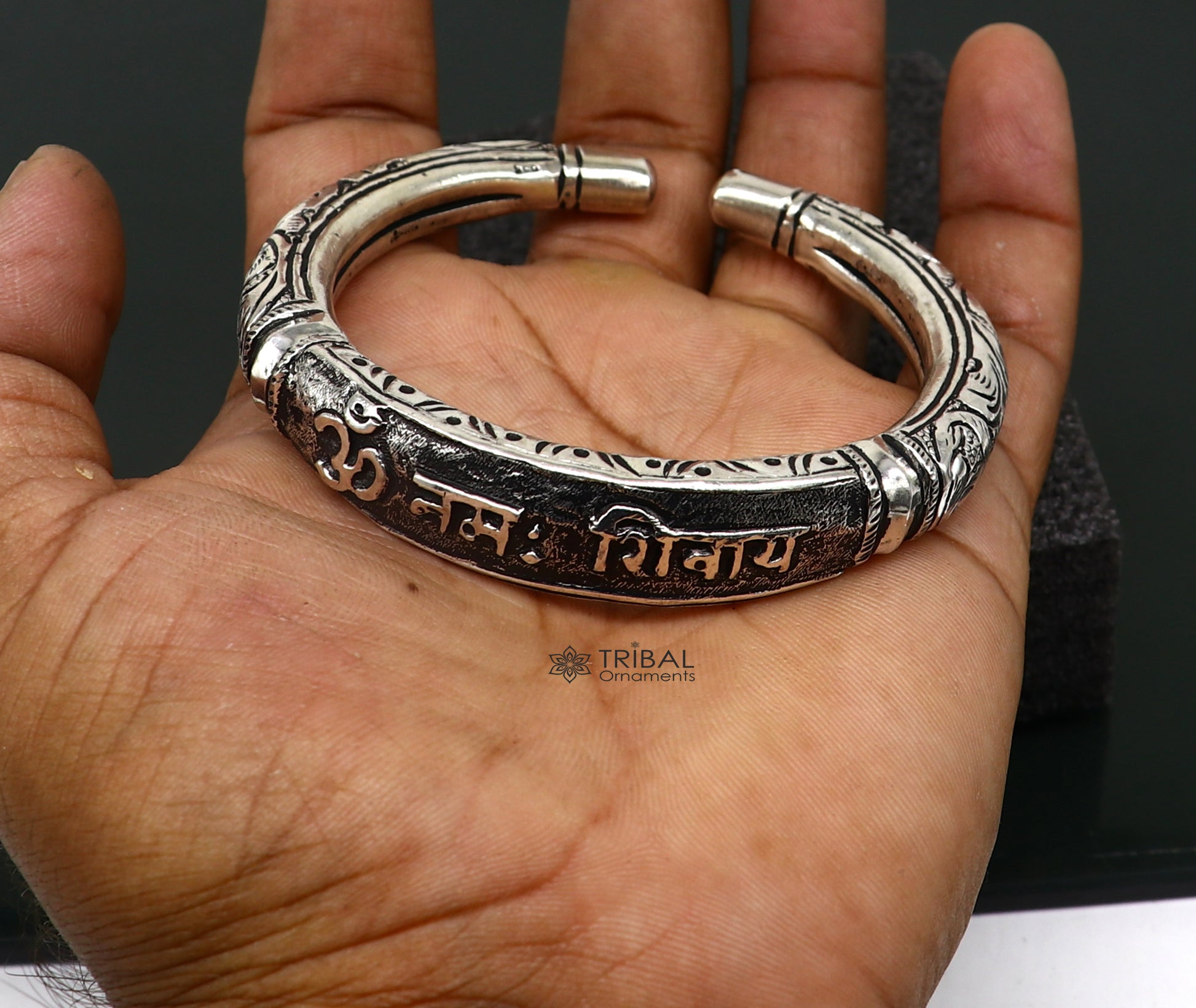 925 Sterling silver handmade chitai work lord Shiva "om namah shivay" mantra bracelet kada best unisex tribal ethnic jewelry nsk587 - TRIBAL ORNAMENTS