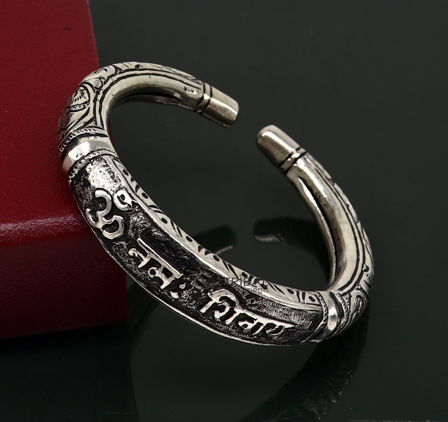925 Sterling silver handmade chitai work lord Shiva "Om Namah Shivay" mantra bracelet kada best unisex tribal ethnic jewelry nsk588 - TRIBAL ORNAMENTS