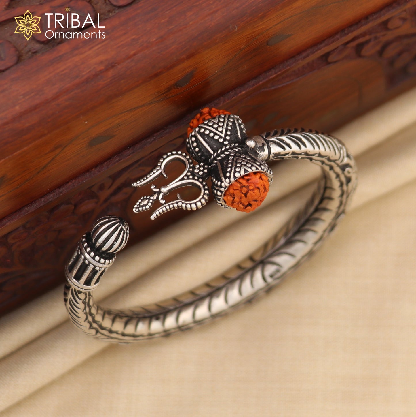 925 Sterling silver handmade chitai work Lord Shiva trident trishul kada bangle bracelet with natural Rudraksha customized kada nsk592
