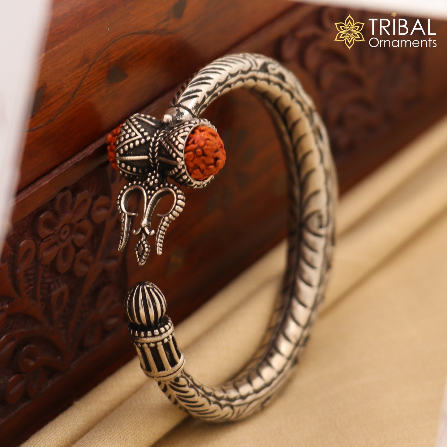 925 Sterling silver handmade chitai work Lord Shiva trident trishul kada bangle bracelet with natural Rudraksha customized kada nsk592