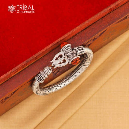 925 Sterling silver shiva trishul and rudraksha chitai work bangle bracelet kada tribal jewelry nsk935